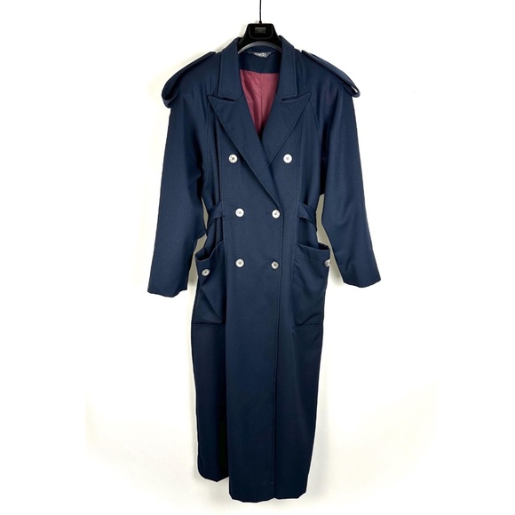 Vintage 1980’s Hilary Radley Long Smooth Wool Duster Trenchcoat in Navy Blue • M - Picture 1 of 10